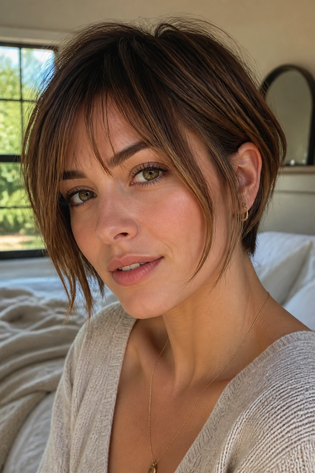 Close-up of a woman with long fringe pixie bob face-framing pieces.