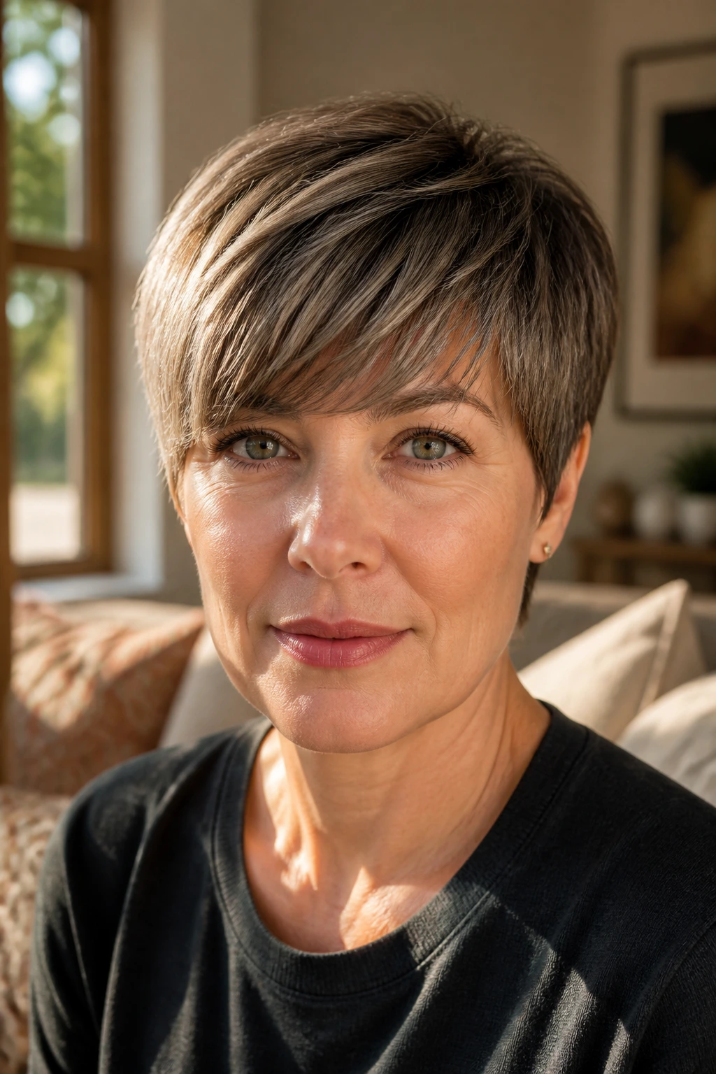 Close-up of a real woman with a long fringe pixie haircut, eyebrow-length fringe