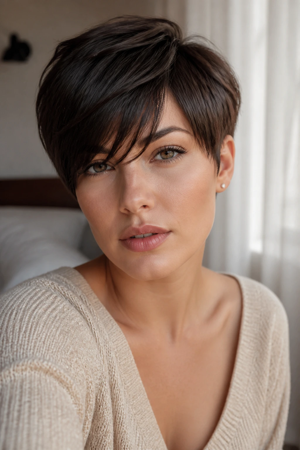 Close-up portrait of a real person with long-fringed pixie by a window