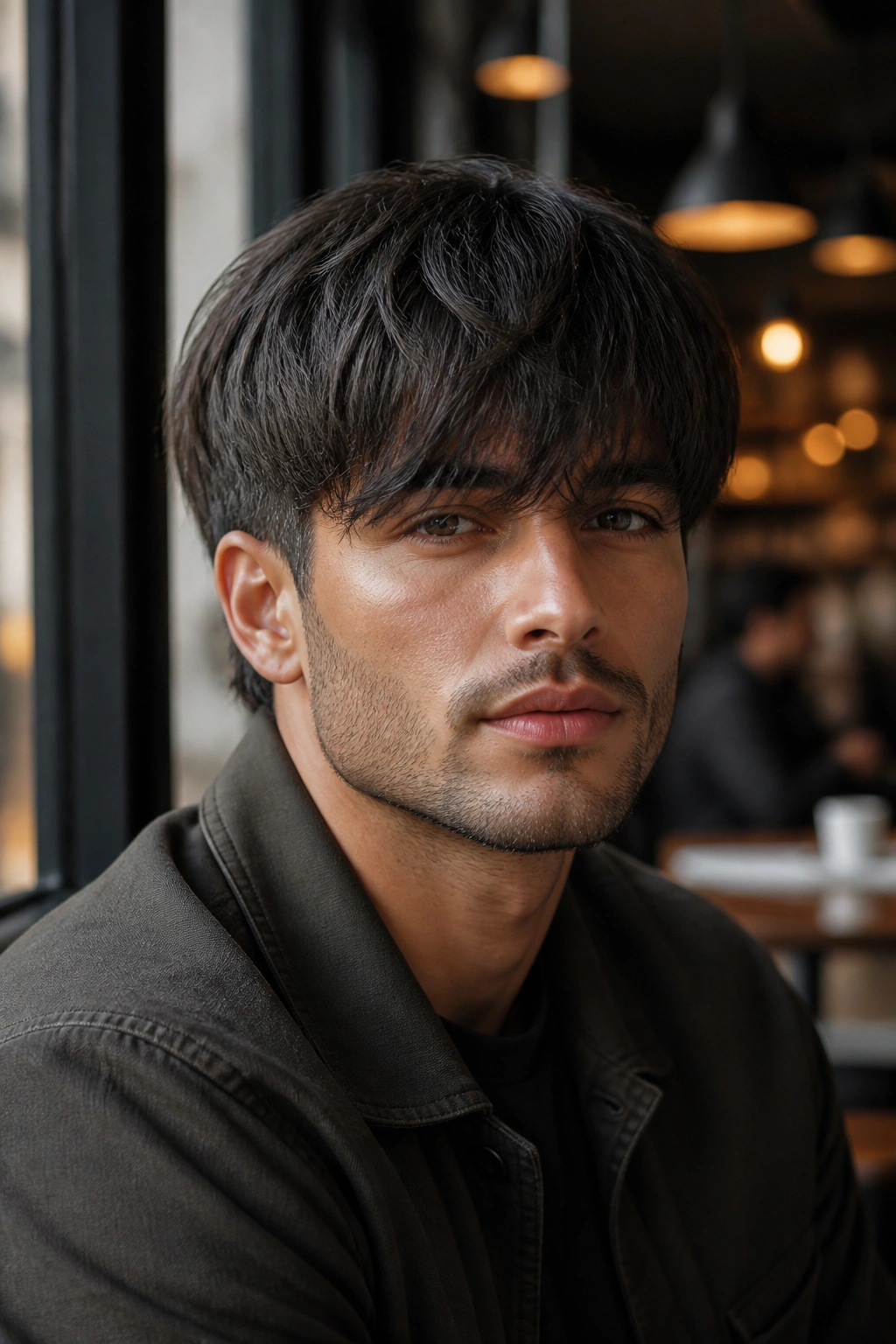 Close-up portrait of a man with long fringe and taper
