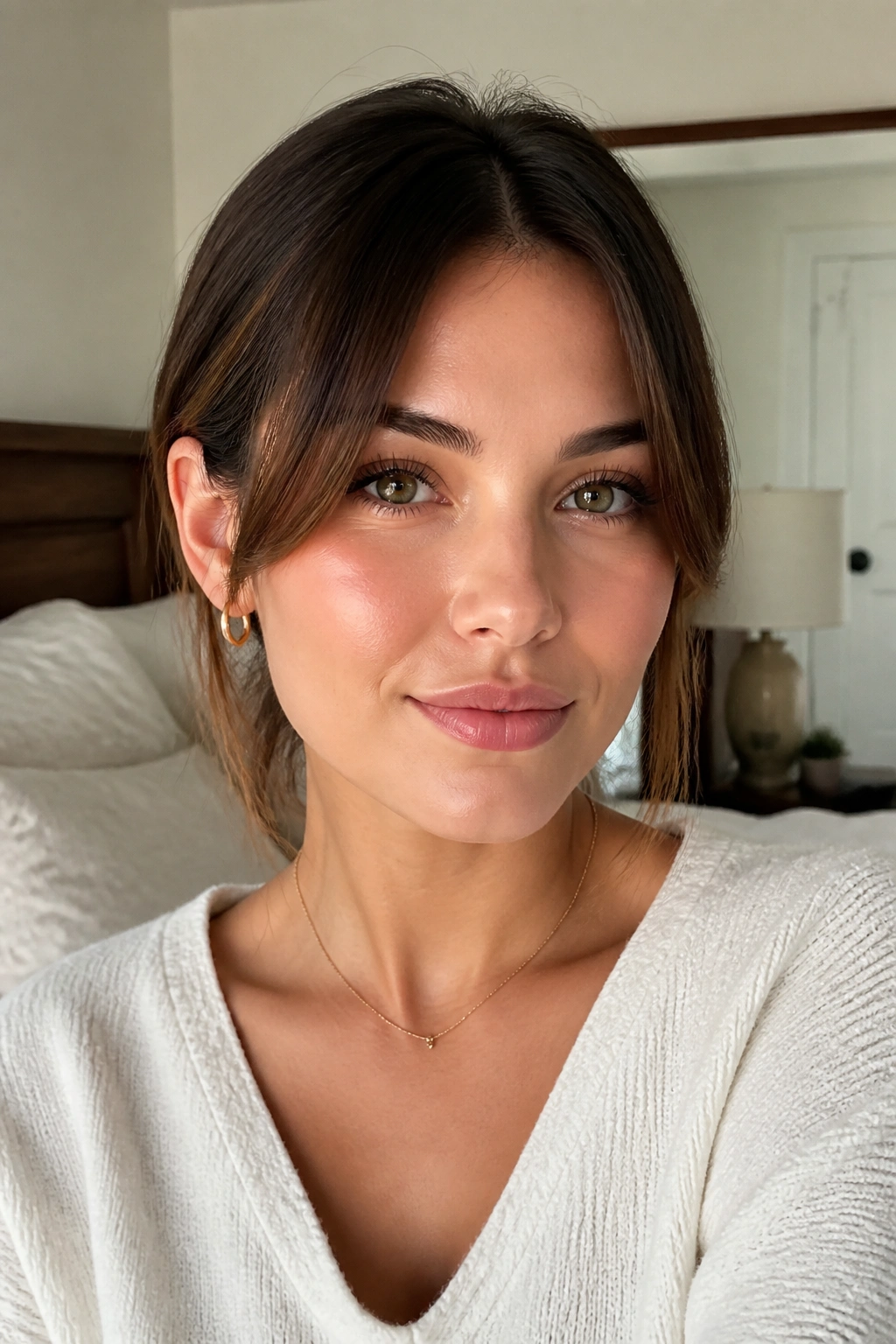 Close-up of a real woman with a long center-parted fringe tucked behind the ears