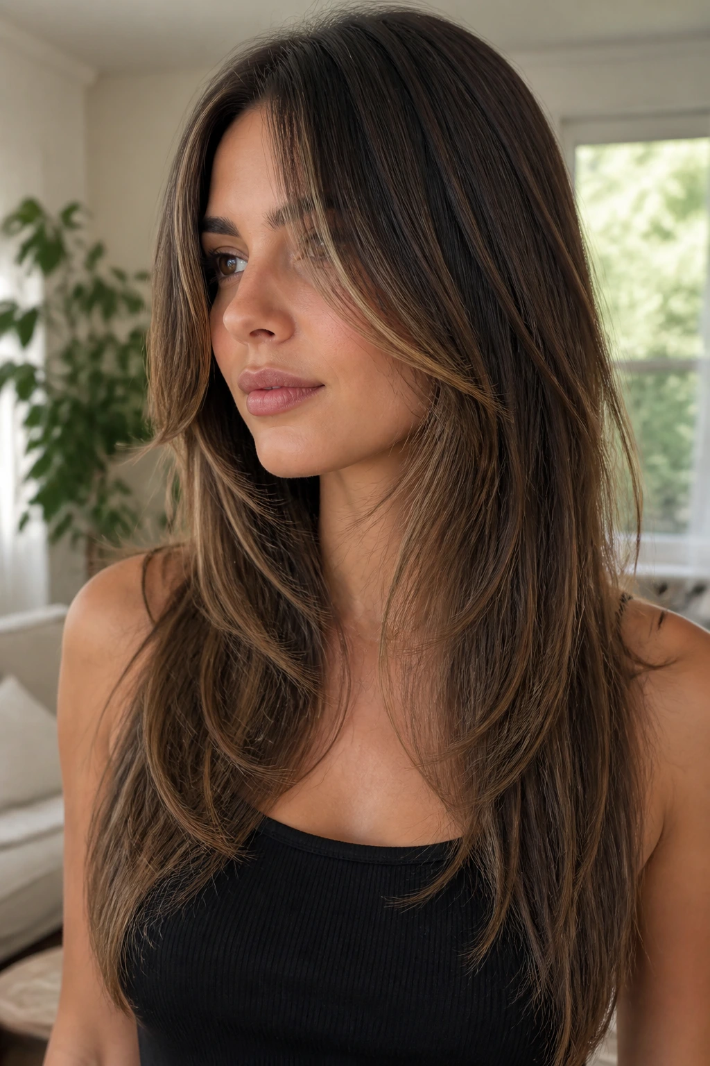 Close-up portrait of a real person with long front layers fading into length.