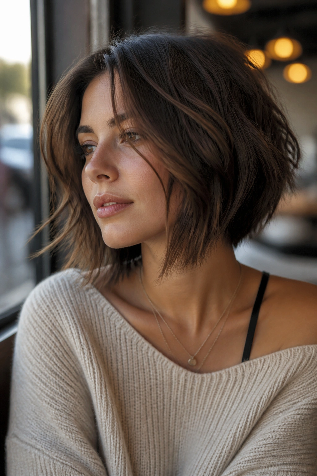 Real person with long-front shaggy bob skimming the jaw