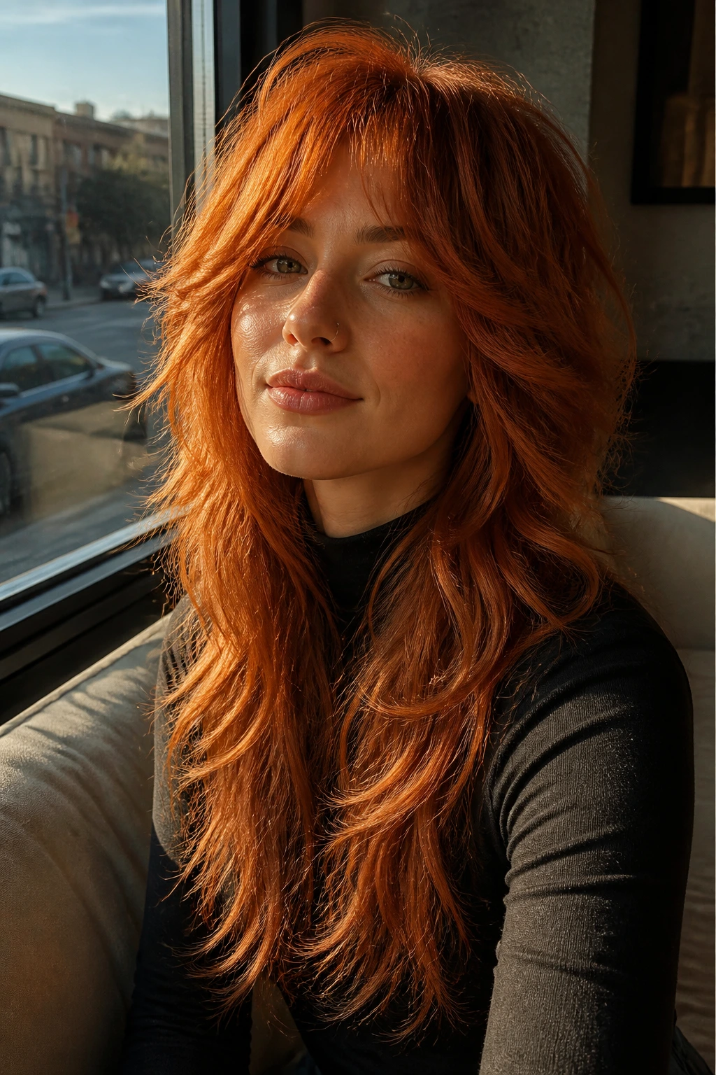 Close-up portrait of a real person with long ginger wolf cut
