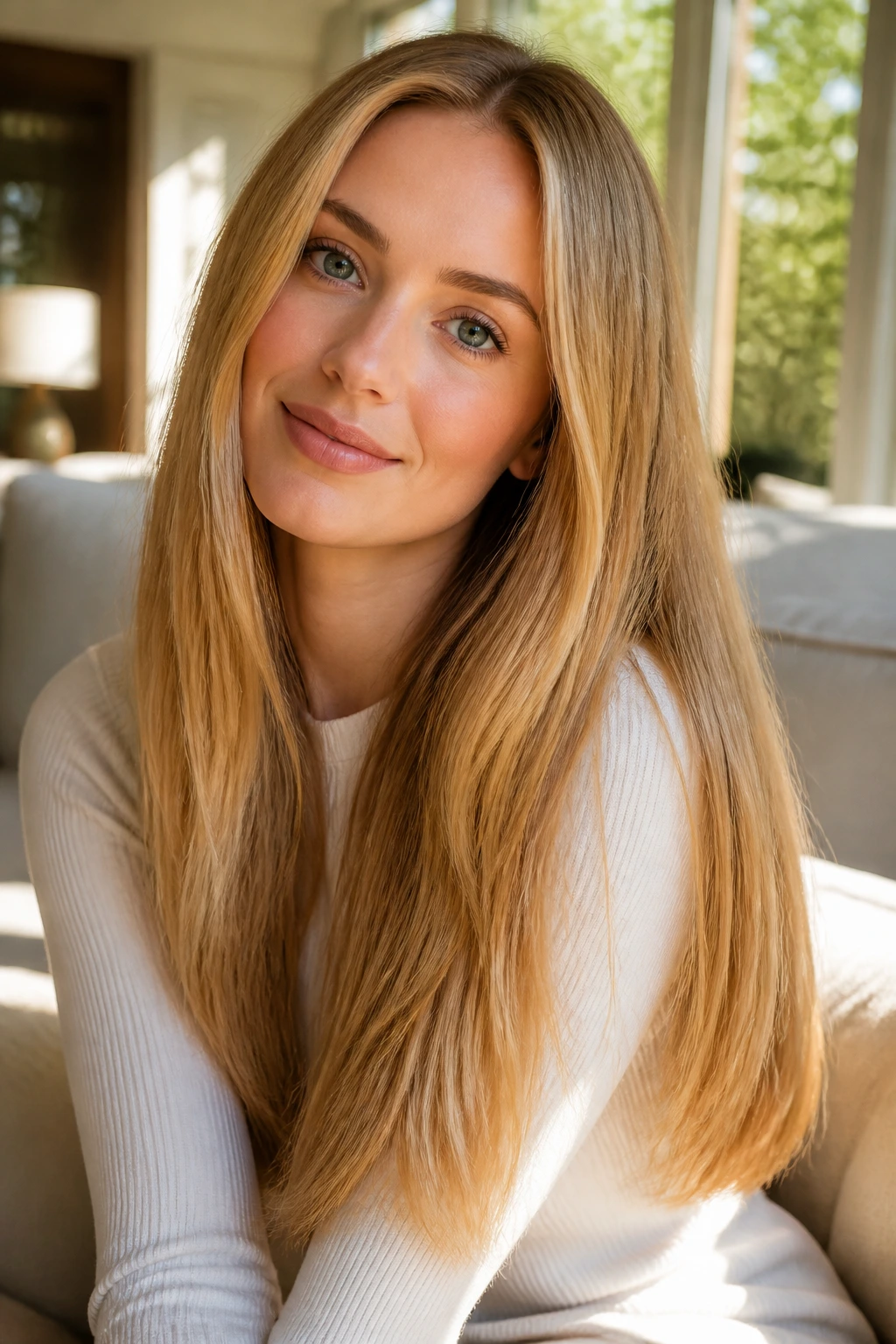 Close-up of a real woman with long glossy honey-blonde lengths