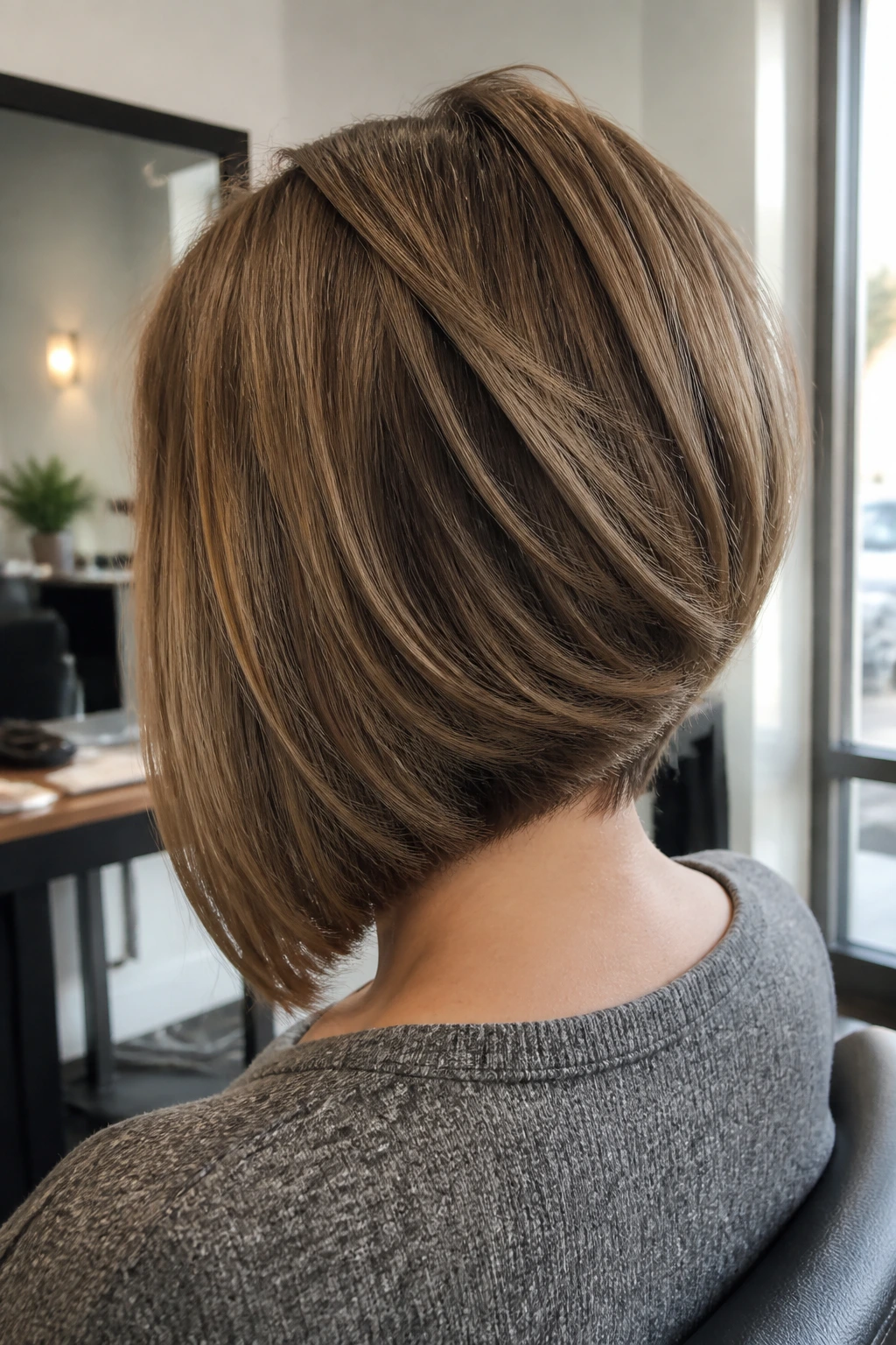 Back view of real woman with long graduated stacked bob
