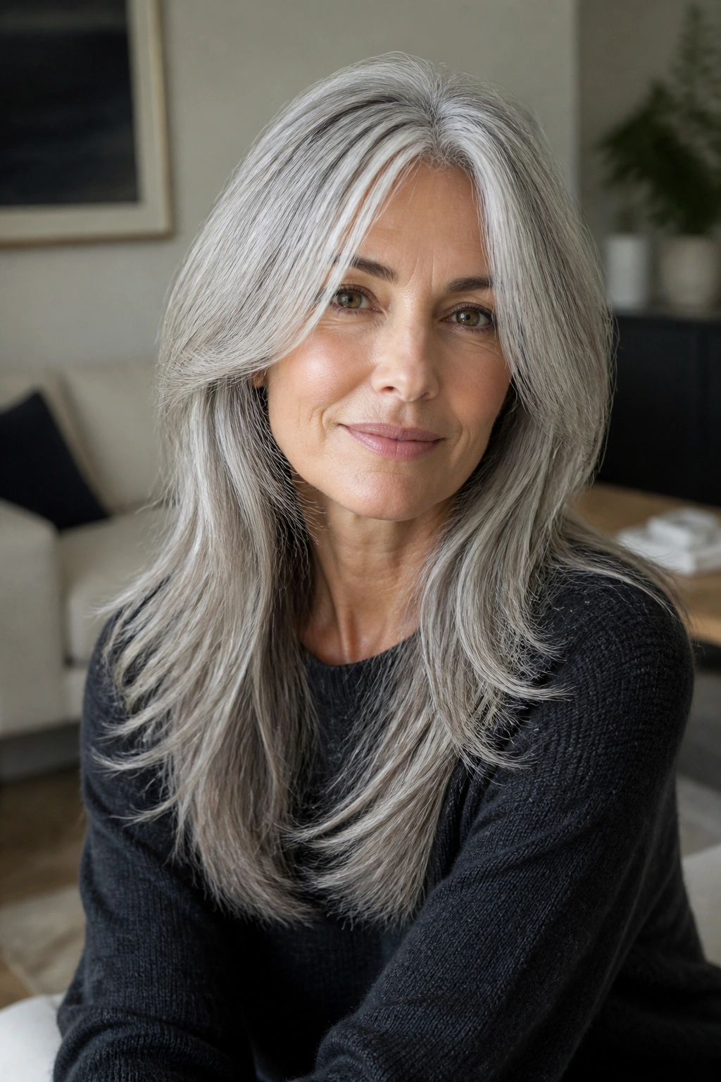 Portrait of a woman with long gray layered hair in natural light