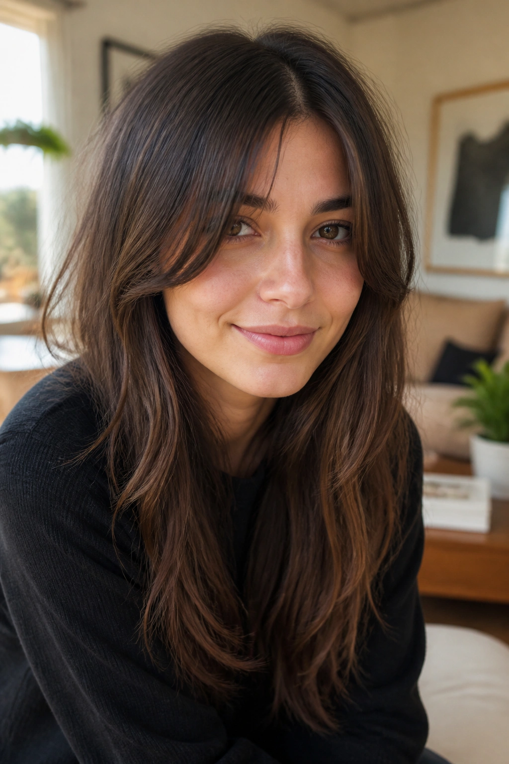 Close-up of long grown-out bangs blending into layers on a real woman