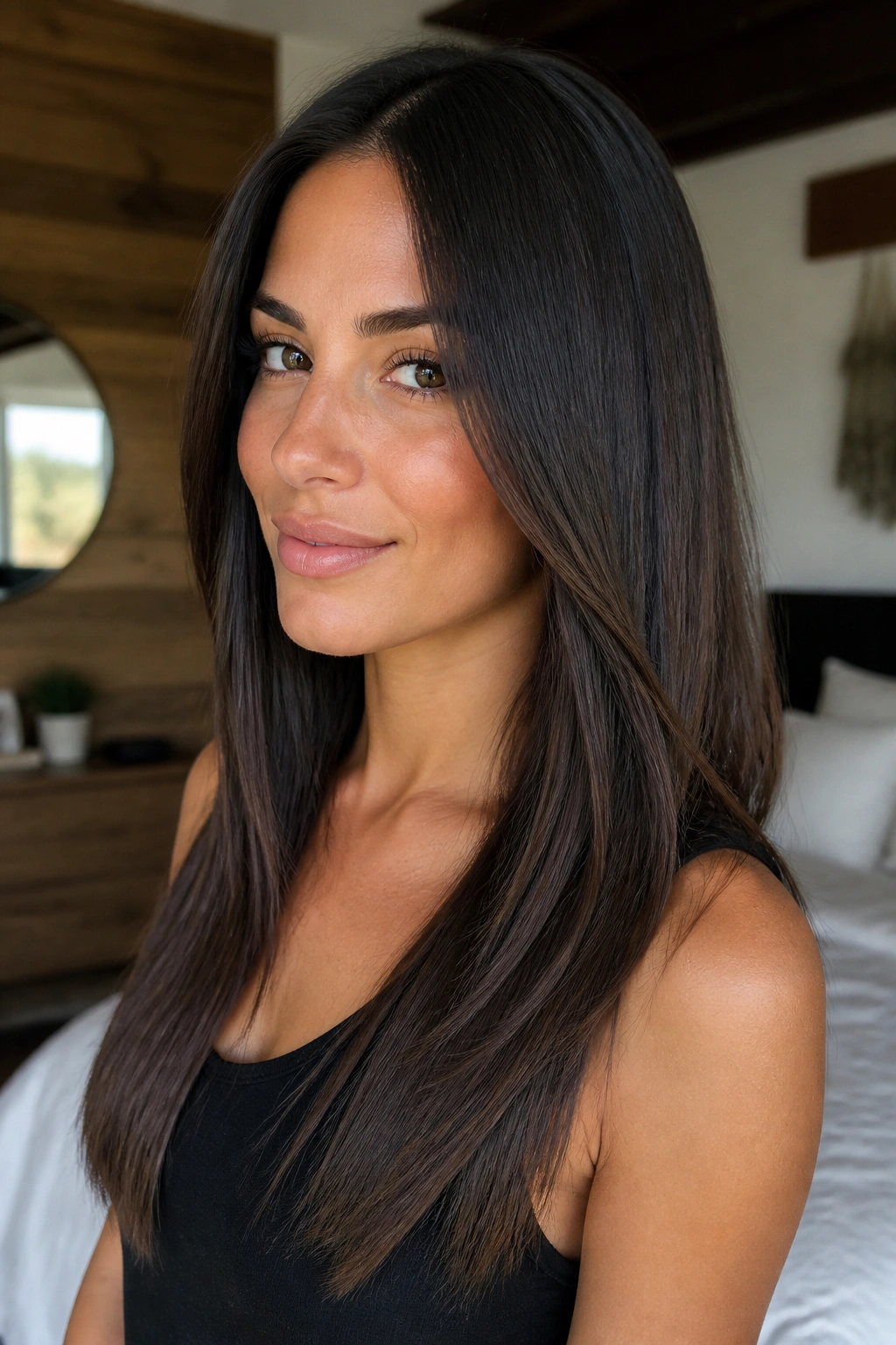 Close-up of a real woman with long straight hair featuring angled front pieces framing the face in natural light