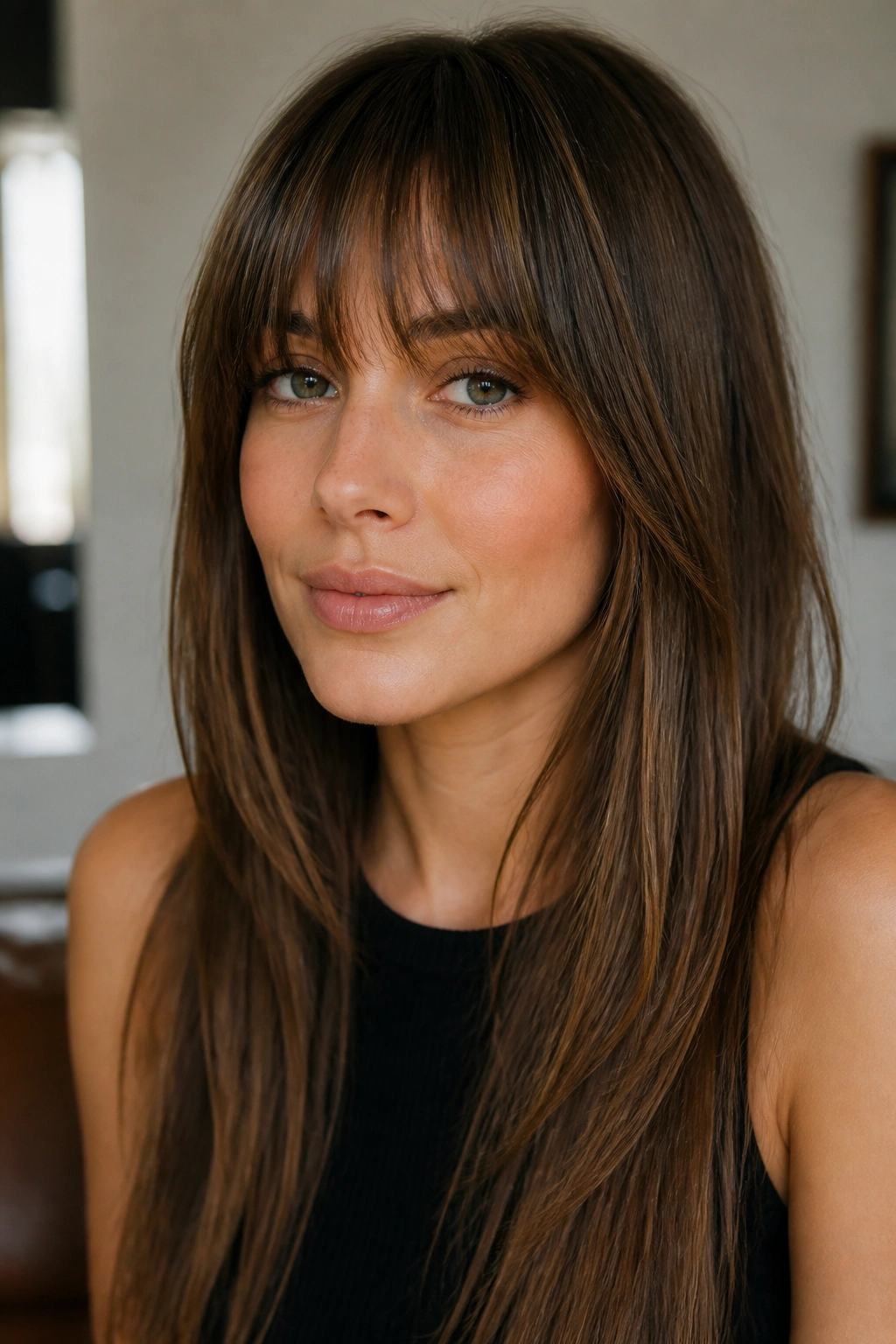 Close-up of a woman with long straight layers and bottleneck bangs.