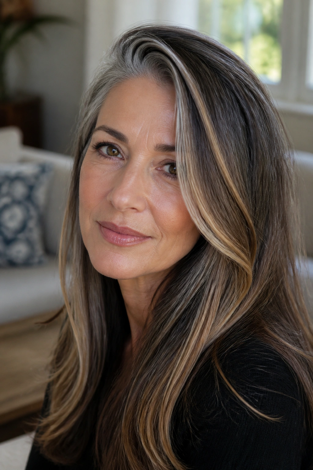 Close-up of a real woman with long salt-and-pepper hair and caramel veils across the front