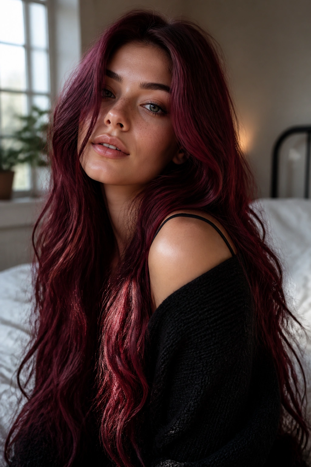 Close-up of a real woman with long burgundy hair catching natural window light