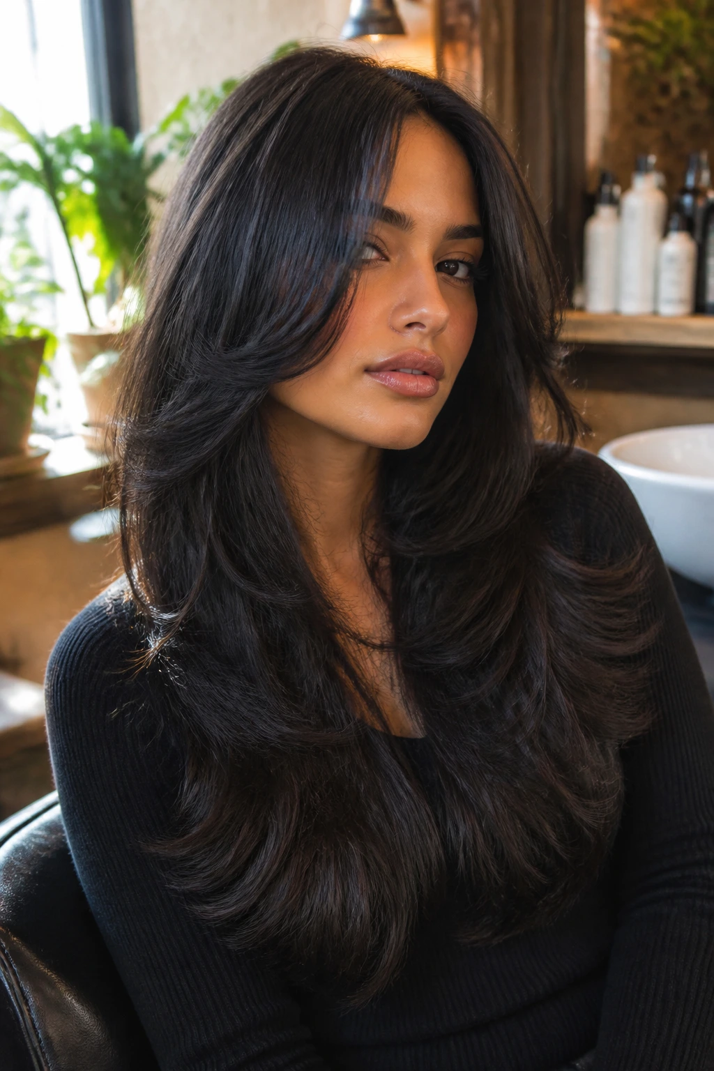 Close-up of a real woman with heavy front pieces in a braided-ready long cut, warm salon setting