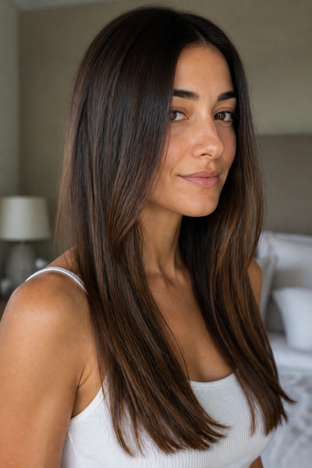 Close-up portrait of a real woman with long straight hair showing invisible layers and subtle movement