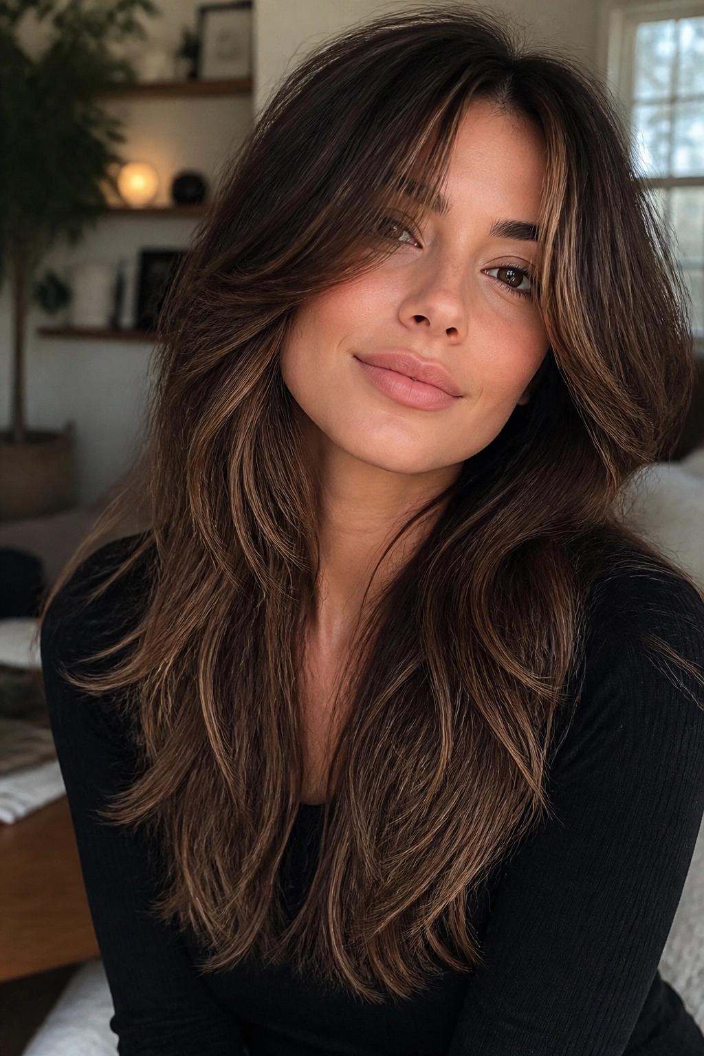Close-up of real woman with long choppy layers and face-framing pieces in natural window light
