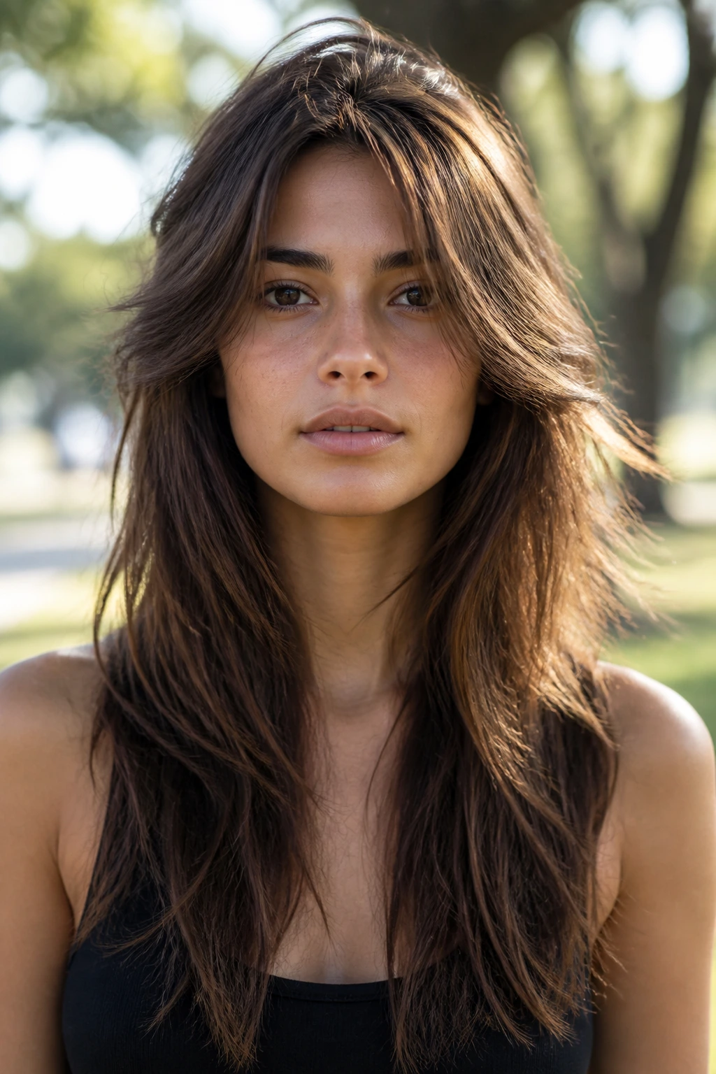 Close-up portrait of a real person with long hair showing disconnected layered cuts