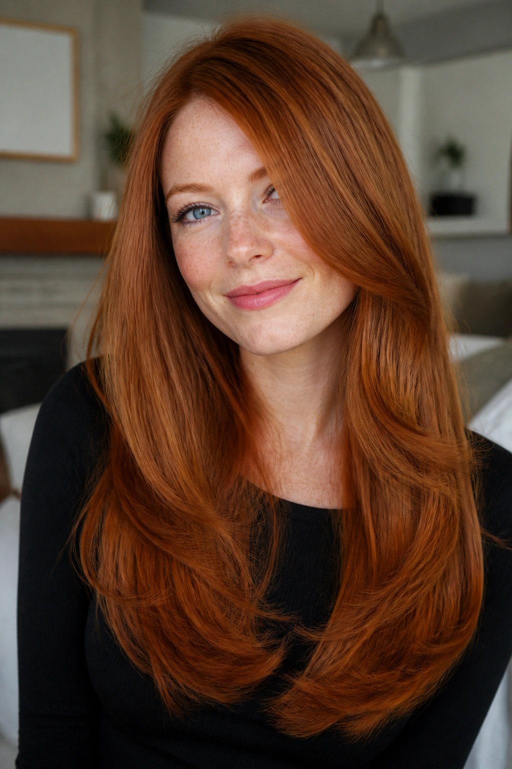 Close-up of real person with long copper-red hair showing subtle U-shaped layers