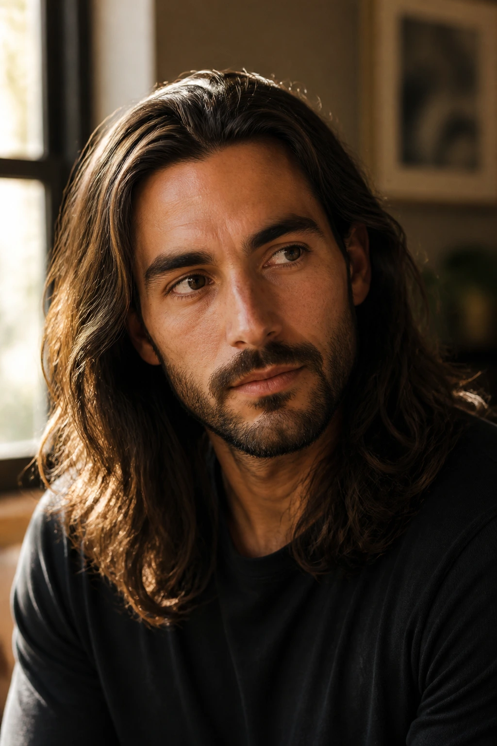 Close-up portrait of a man with long hair and thoughtful expression