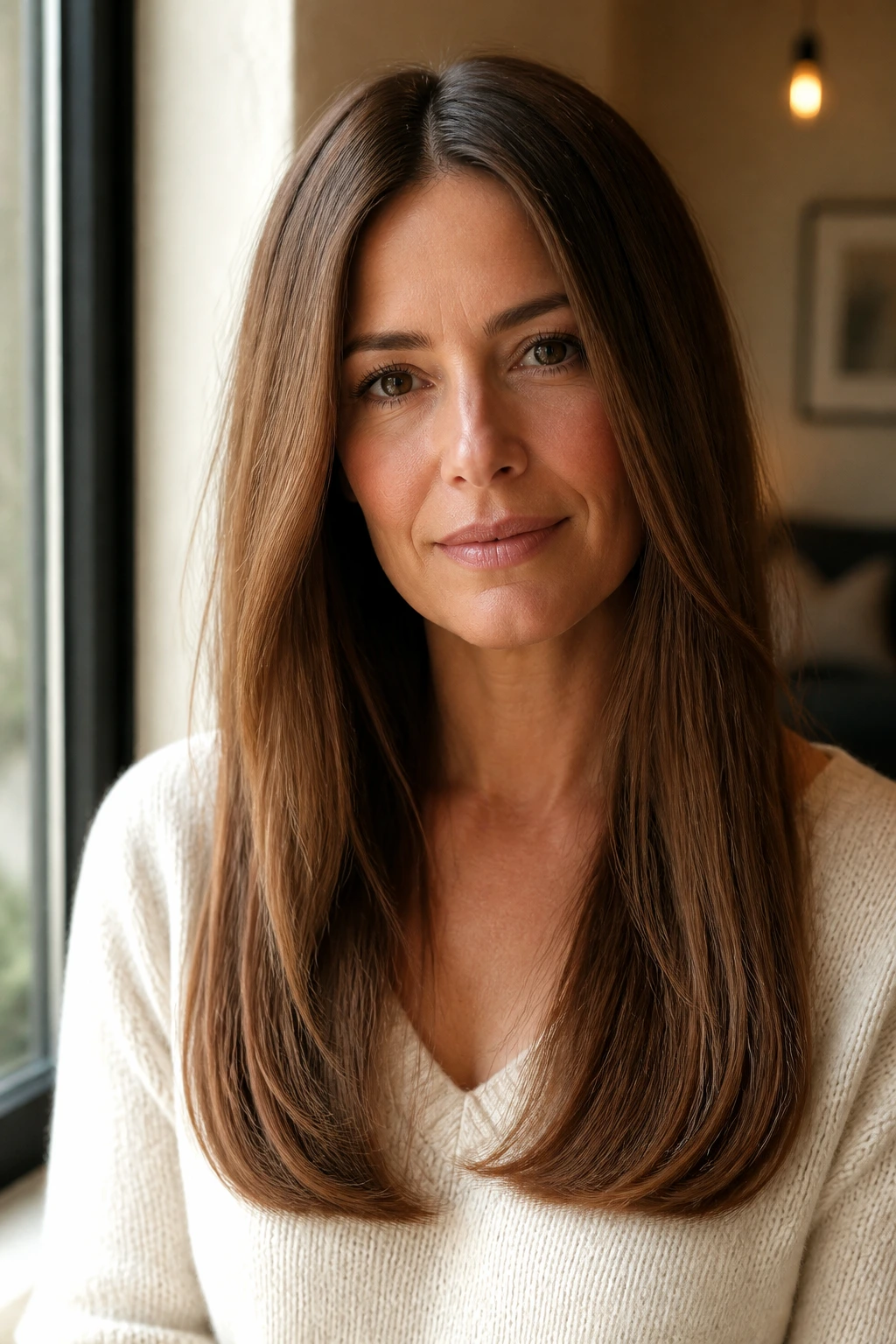 Portrait of a woman with long one-length hair that ends in a soft curve