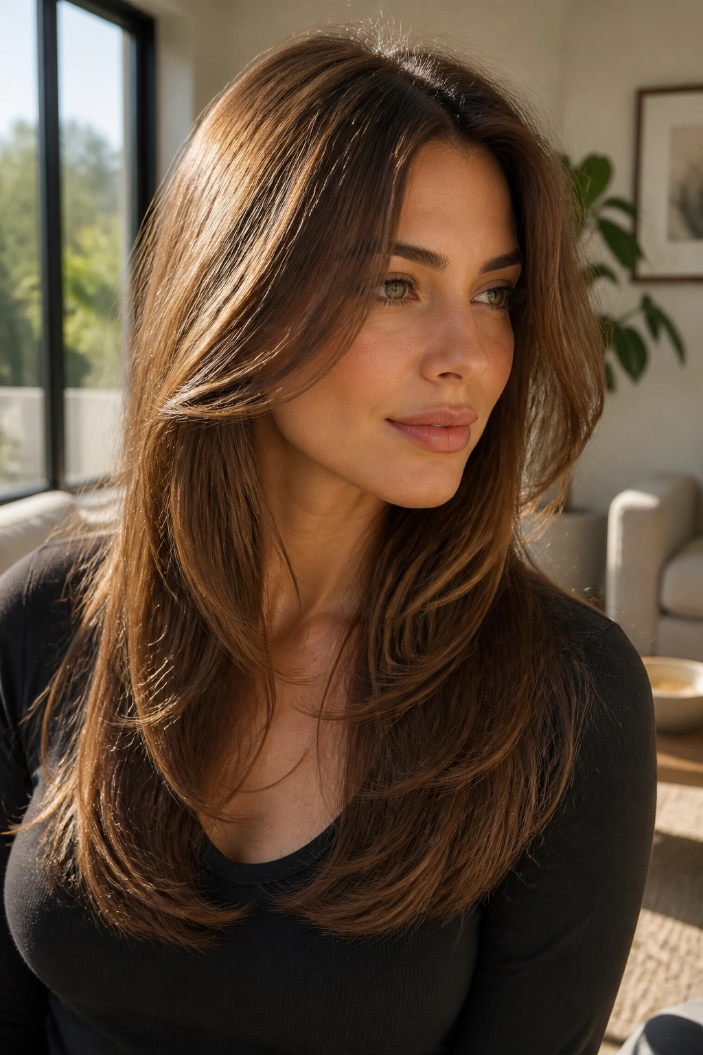 Portrait of a real woman with long hair showing rounded layers and tucked ends.