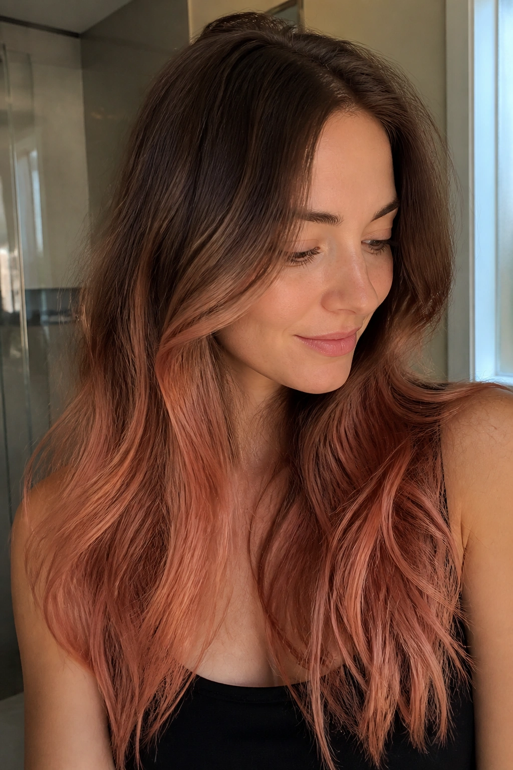 Portrait of a woman with long hair showing a copper-rose fade for easy upkeep
