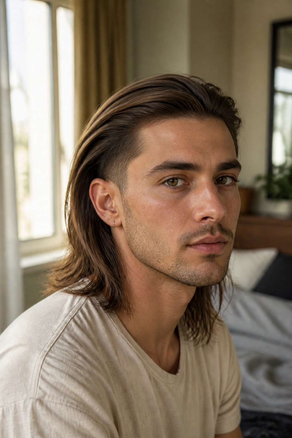 Close-up portrait of a man with long hair and tapered sides in natural window light