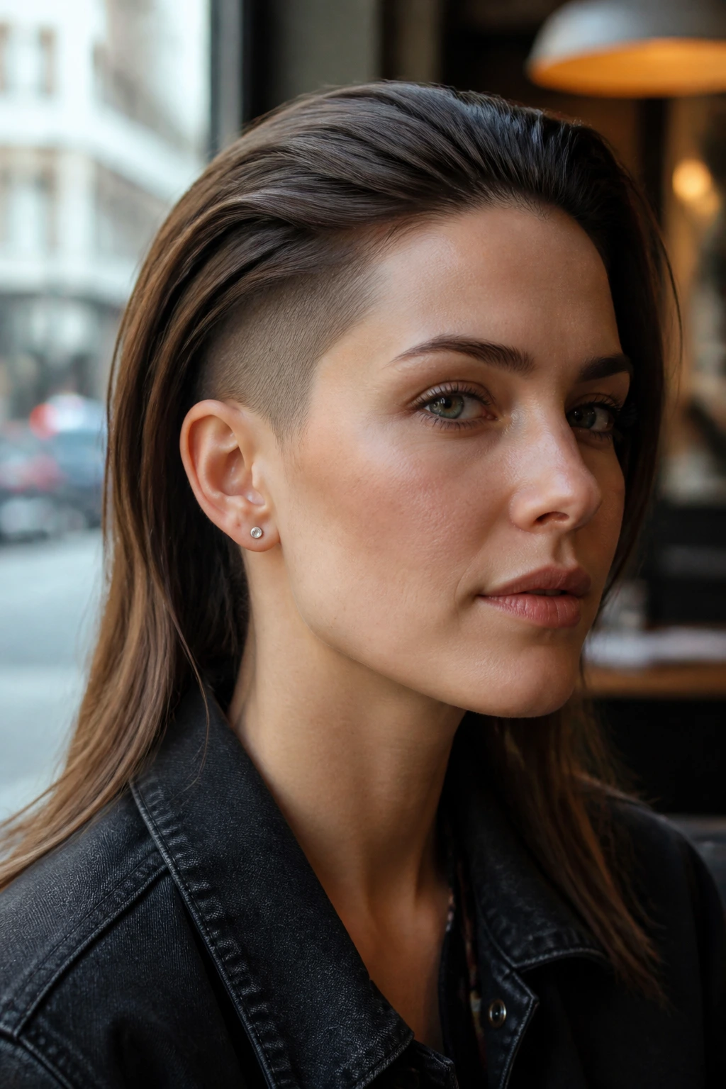 Portrait of a real person with long hair tucked behind an ear in an undercut