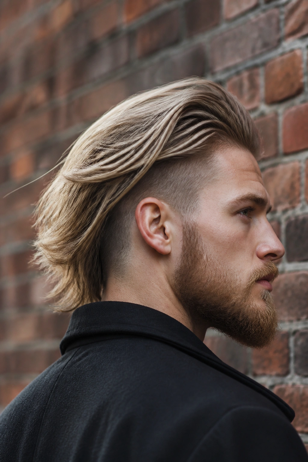 Man with long flowing hair and undercut nape outdoors by brick wall