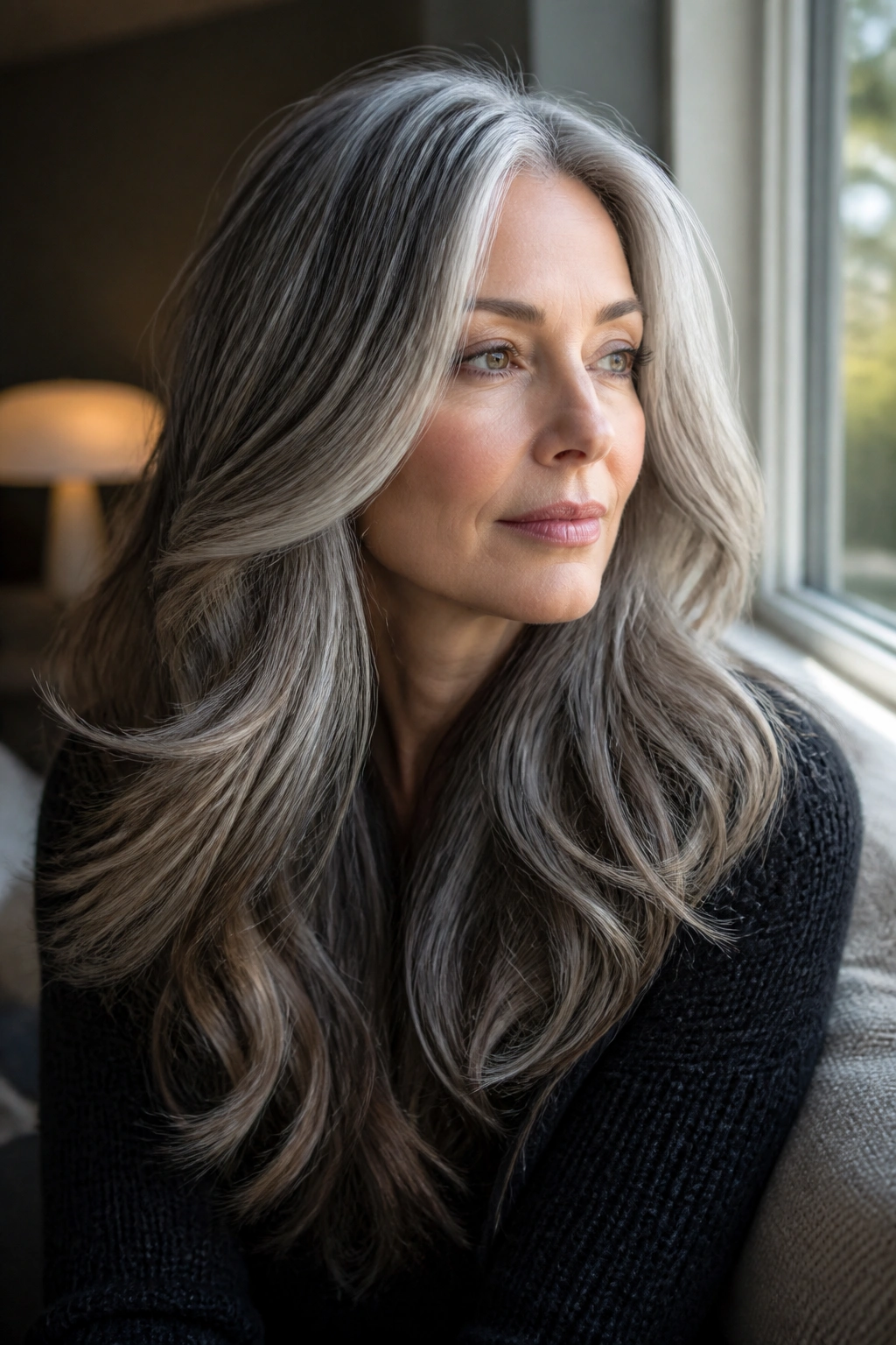 Close-up portrait of a real woman with long layered waves and grey multi-tonal blends