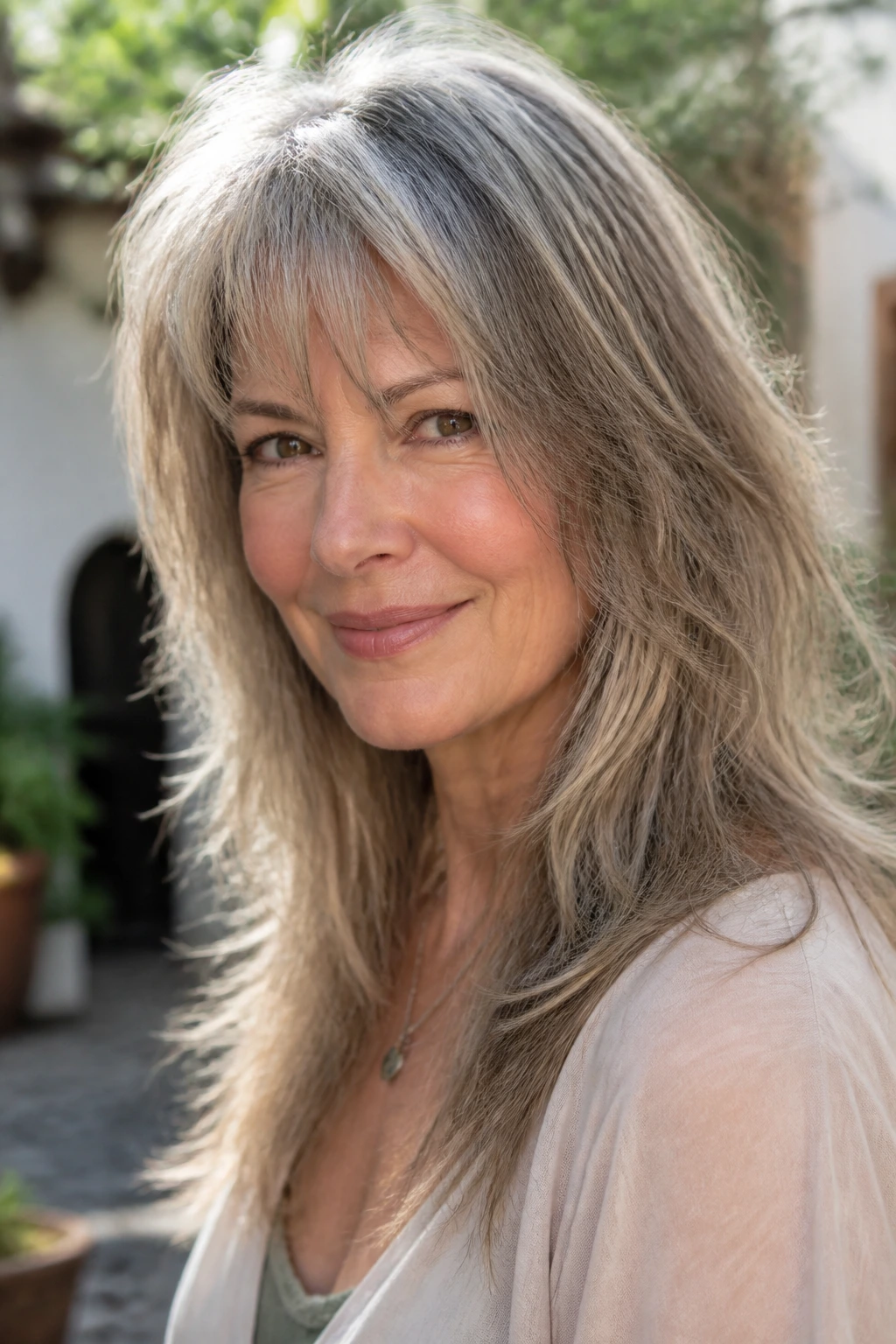 Portrait of a woman with long layered shag in an outdoor courtyard