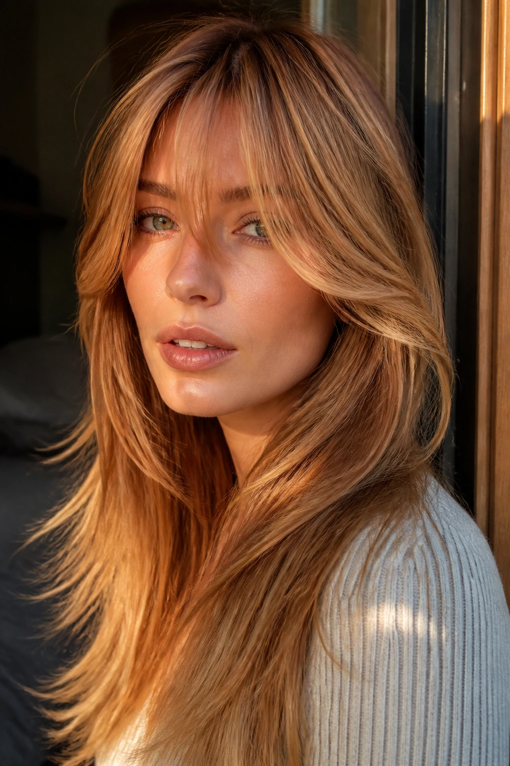 Close-up of a woman with long layered bangs and strawberry blonde accents