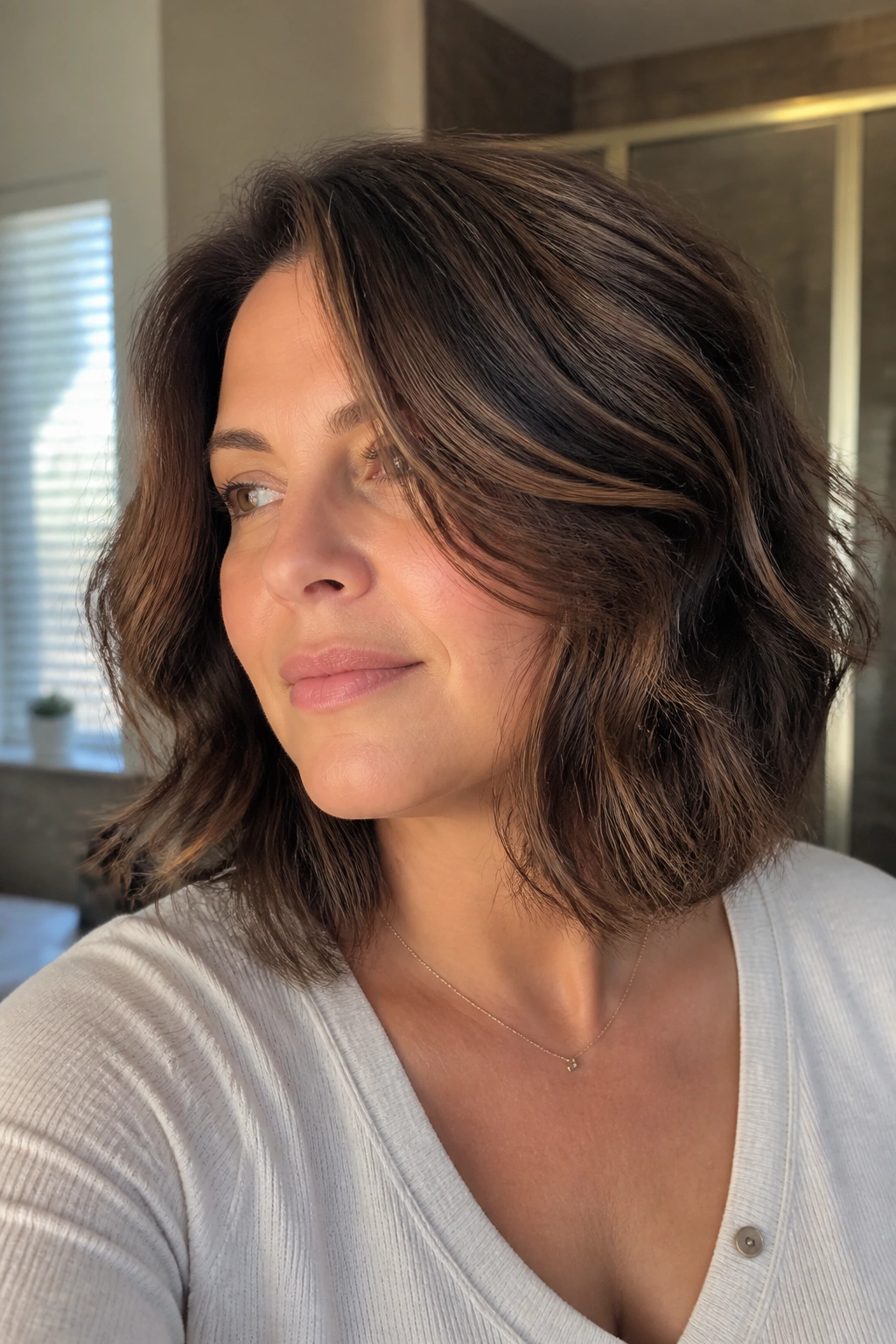 Real woman with long layered bob for heavy hair showing internal layers and movement