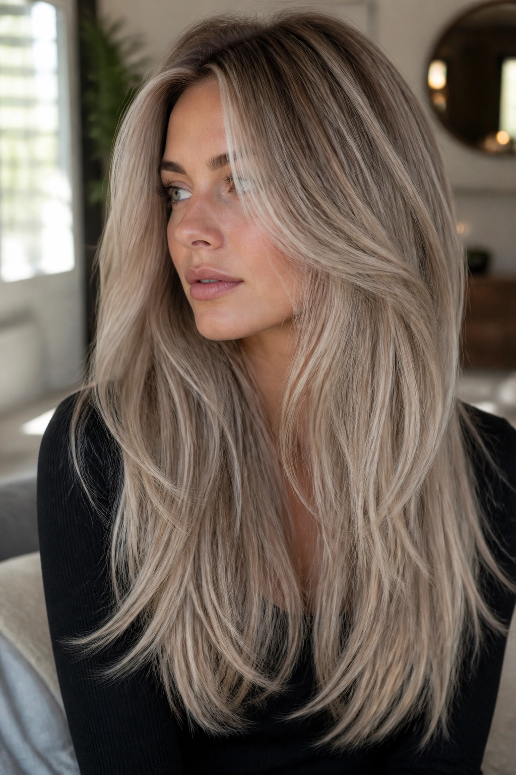 Portrait of a real woman with long layered cool blonde hair