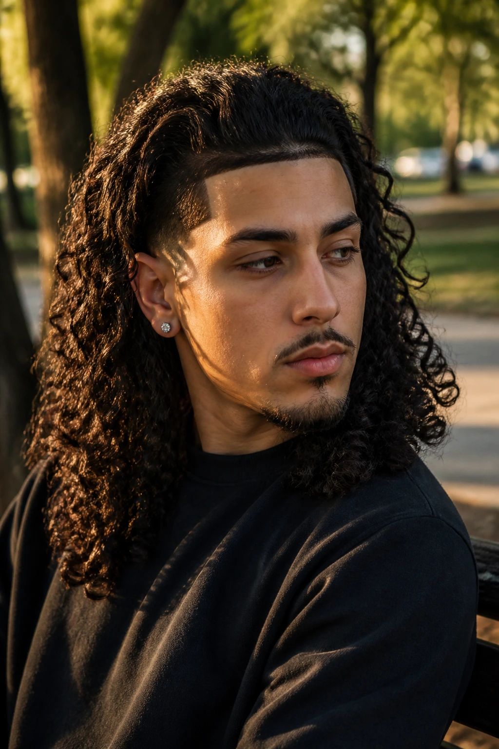 Medium close-up of man with long layered curls and shape-up