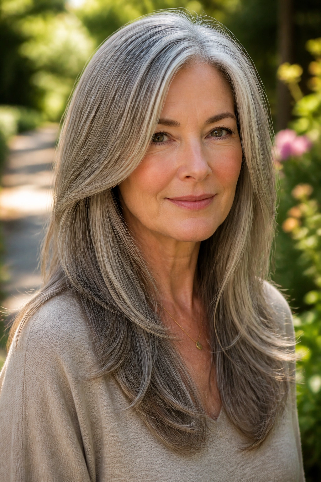 Close-up of a mature woman with long layered gray hair.