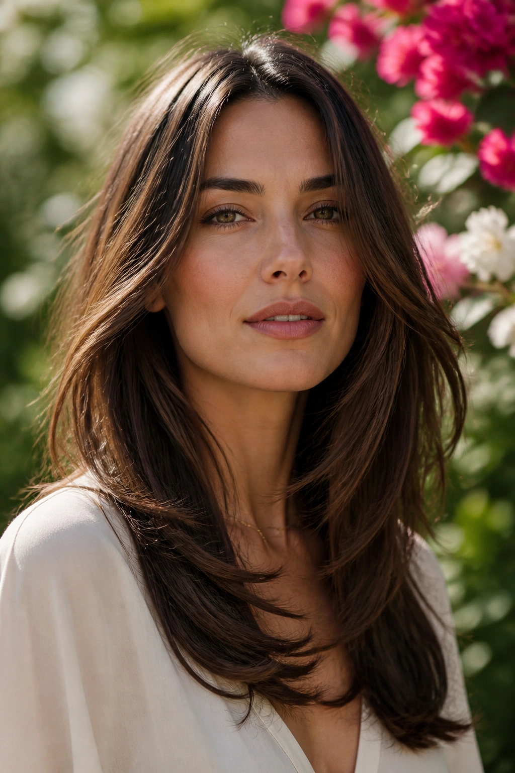 Real woman with long layered hair flattering diamond face in garden light