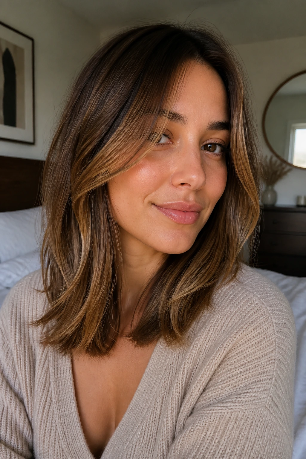 Portrait of a woman with a long layered lob featuring face-framing pieces in soft daylight