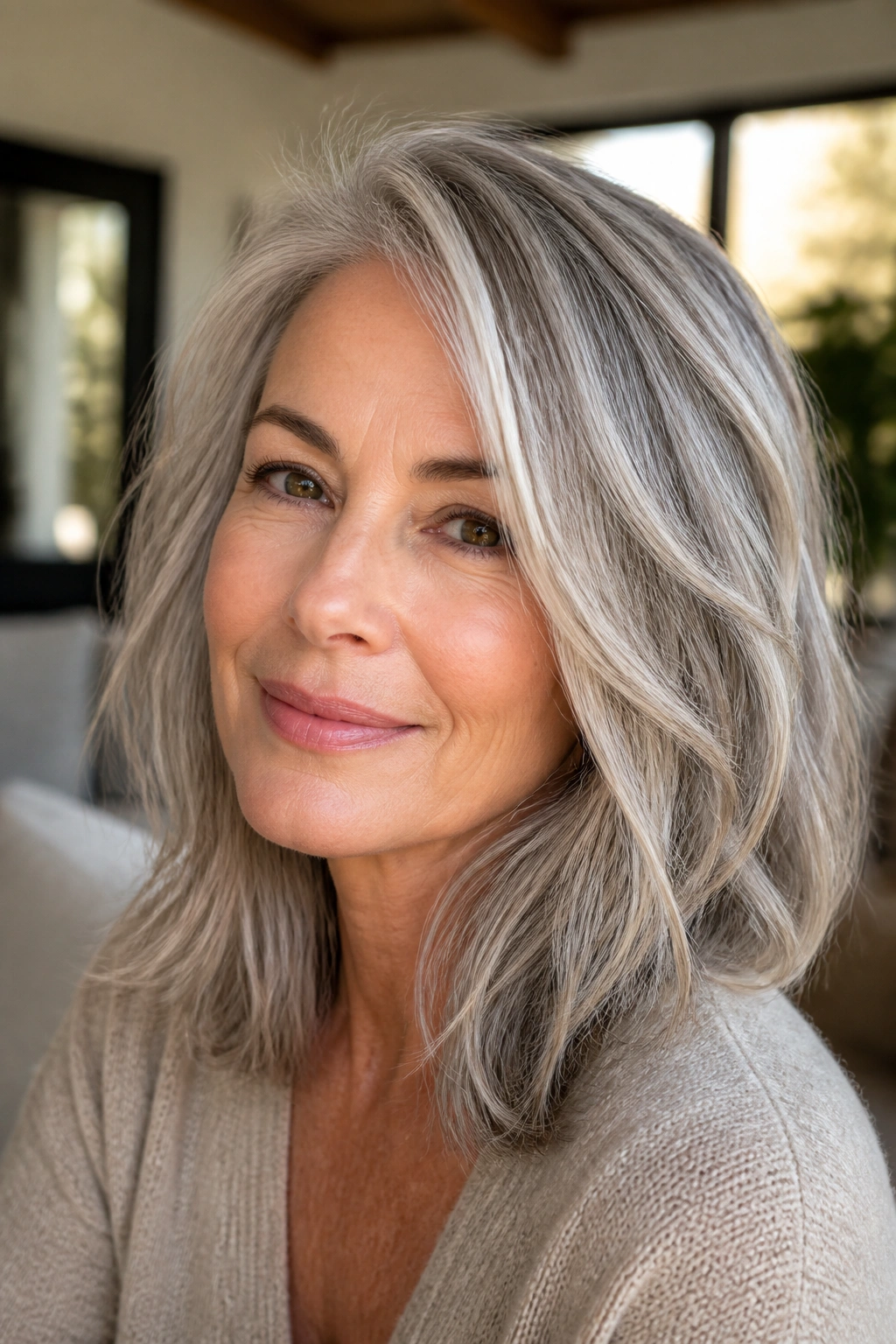 Close-up portrait of a woman with a collarbone-length layered lob and soft waves.