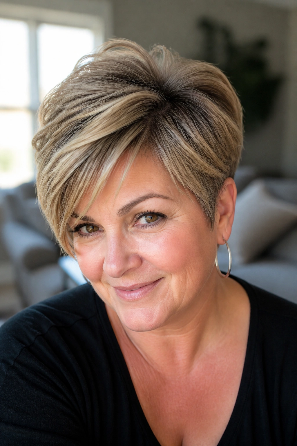 Close-up portrait of a real woman with long layered pixie and crown lift under natural window light