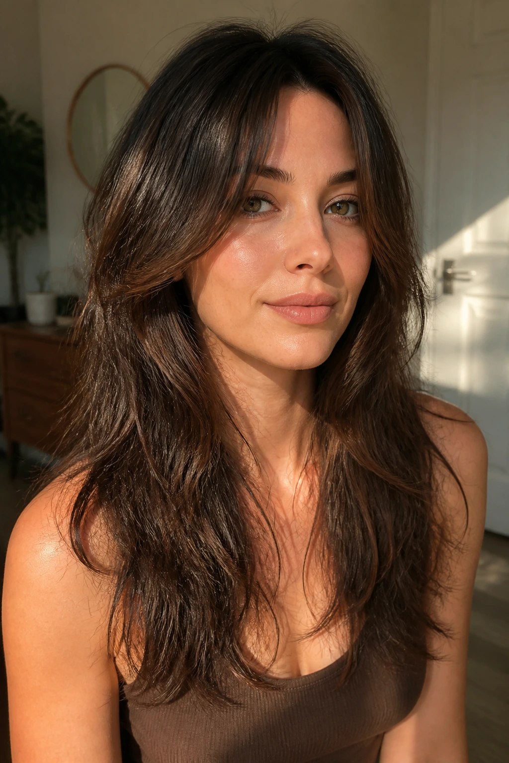 Medium close-up portrait of a real person with long layered shag and face-framing pieces
