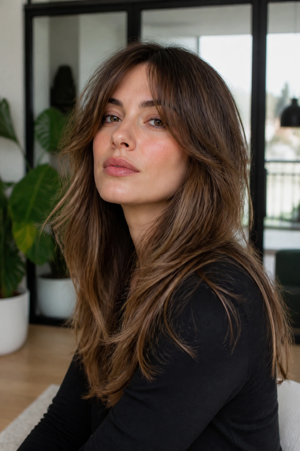 Portrait of a woman with long-layered hybrid shag and face-framing pieces