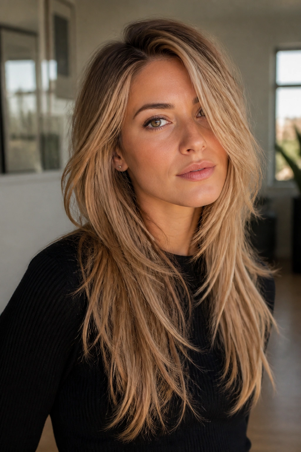 Real woman with long layered shag and side part portrait in a bright living room
