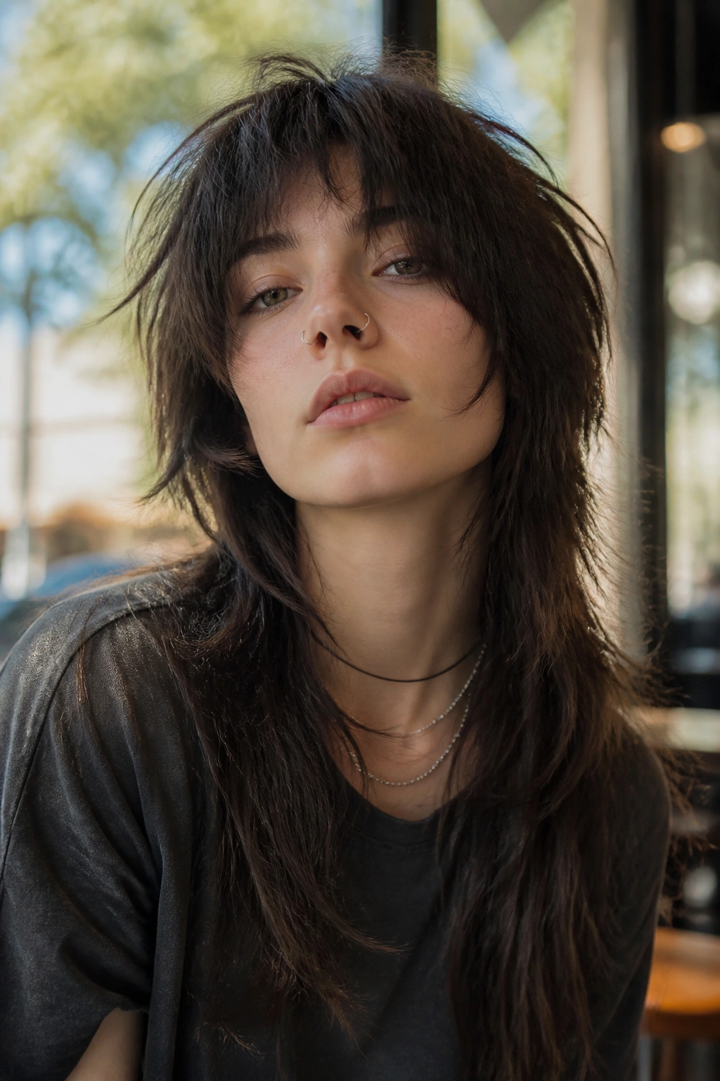 Close-up portrait of a real person with a long layered wolf cut