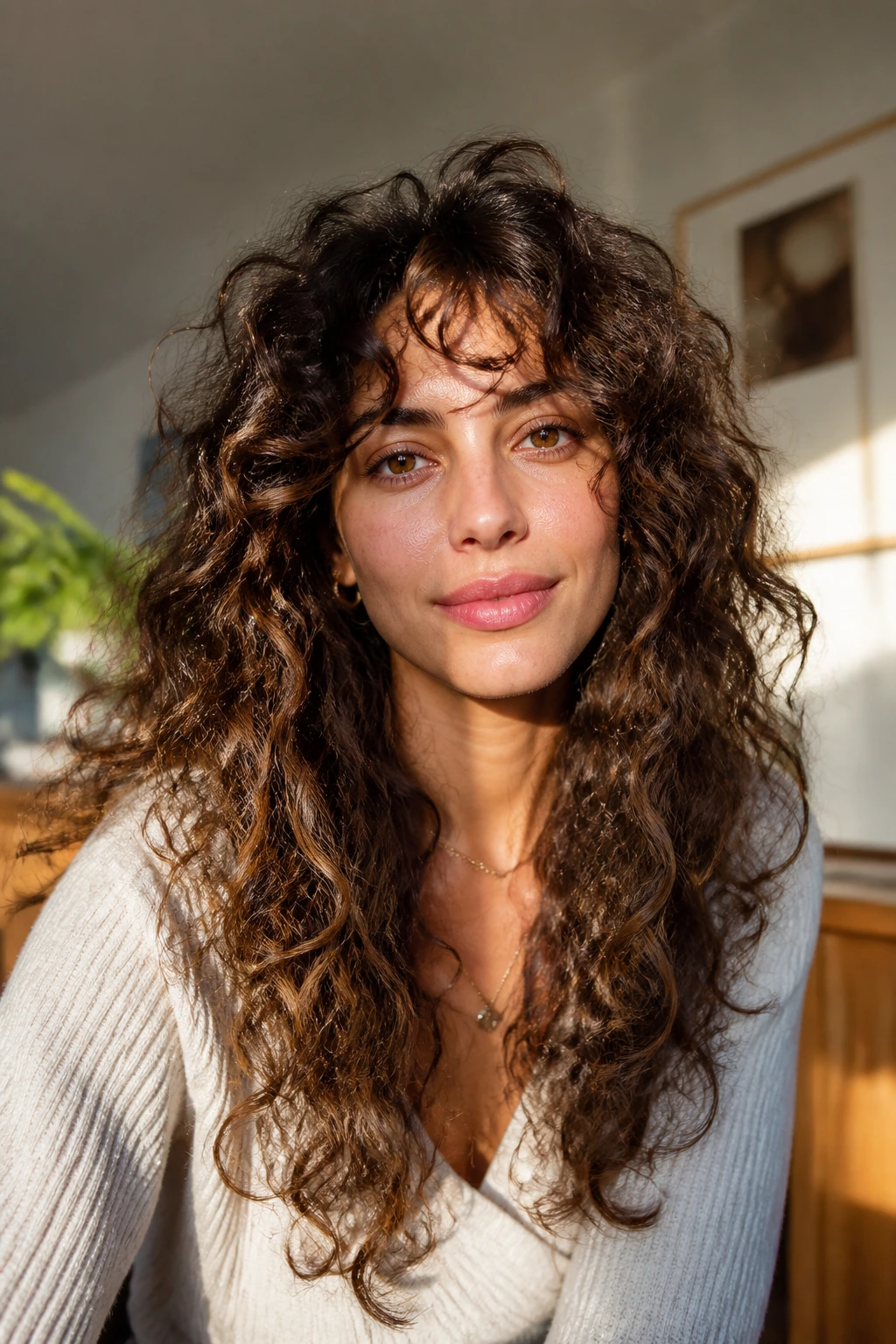Real person with long hair and airy layers in warm light