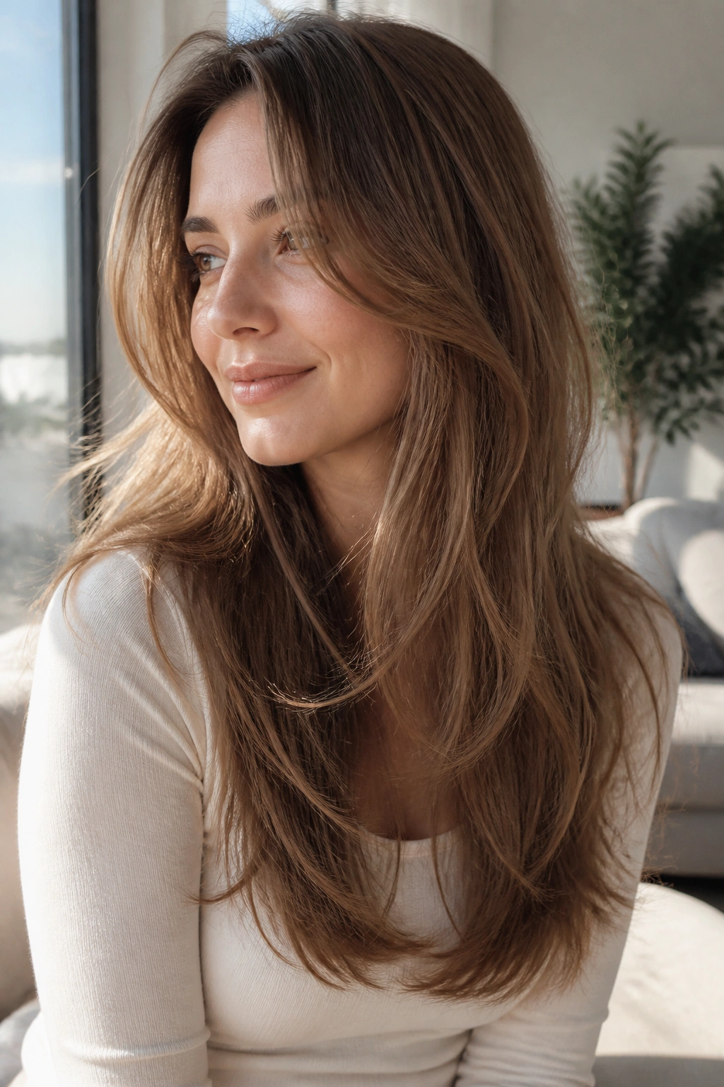 Portrait of a woman with long layered hair and airy ends, soft light highlighting movement.