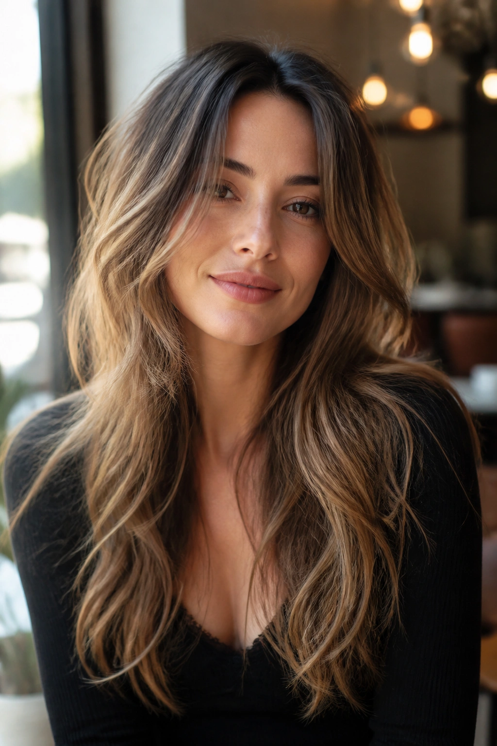 Medium close-up of a real woman with long layers and airy waves