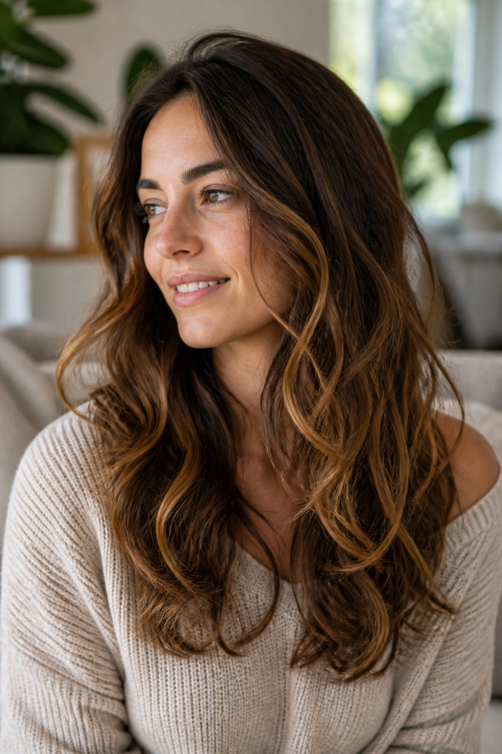 Portrait of a woman with long layered hair showing bent ends, soft texture