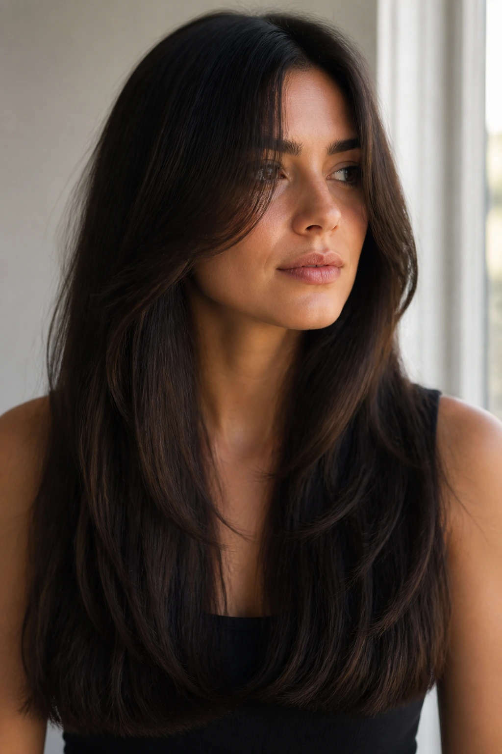 Real woman with long layers and blunt ends for density