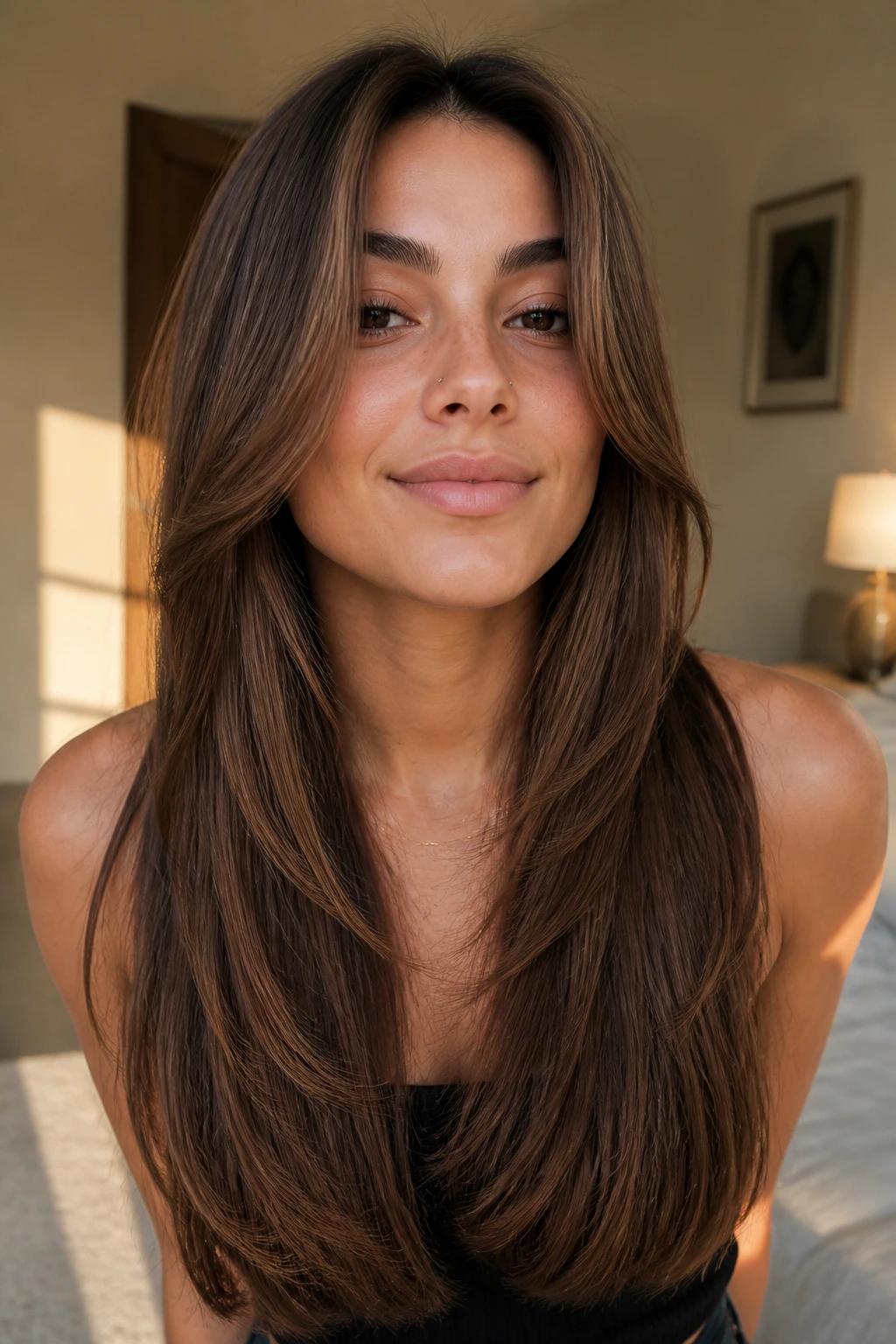Real person showing long layers with blunt ends on hair