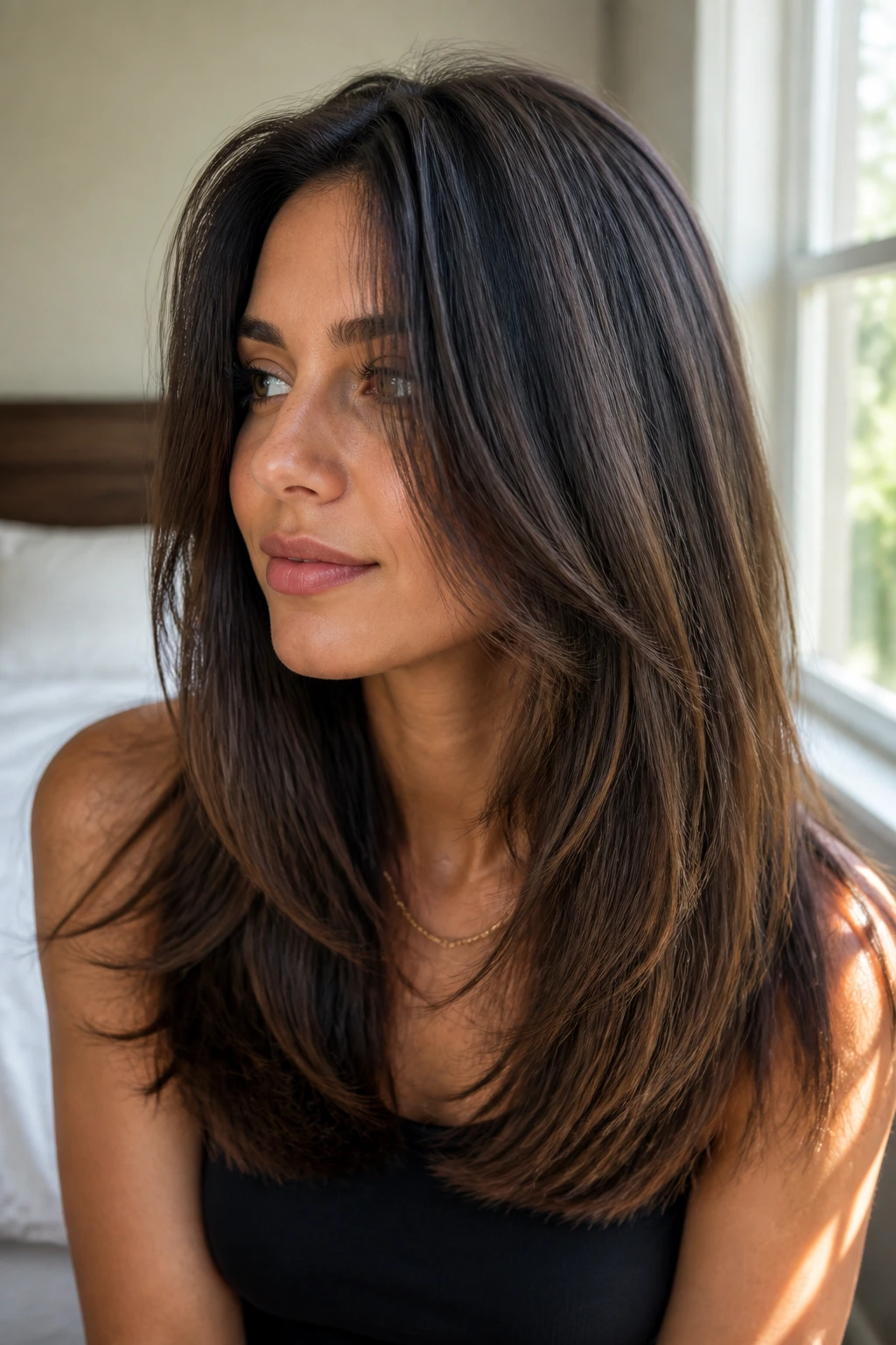 Close-up of a real woman with long blunt-perimeter layers in thick hair, natural window light